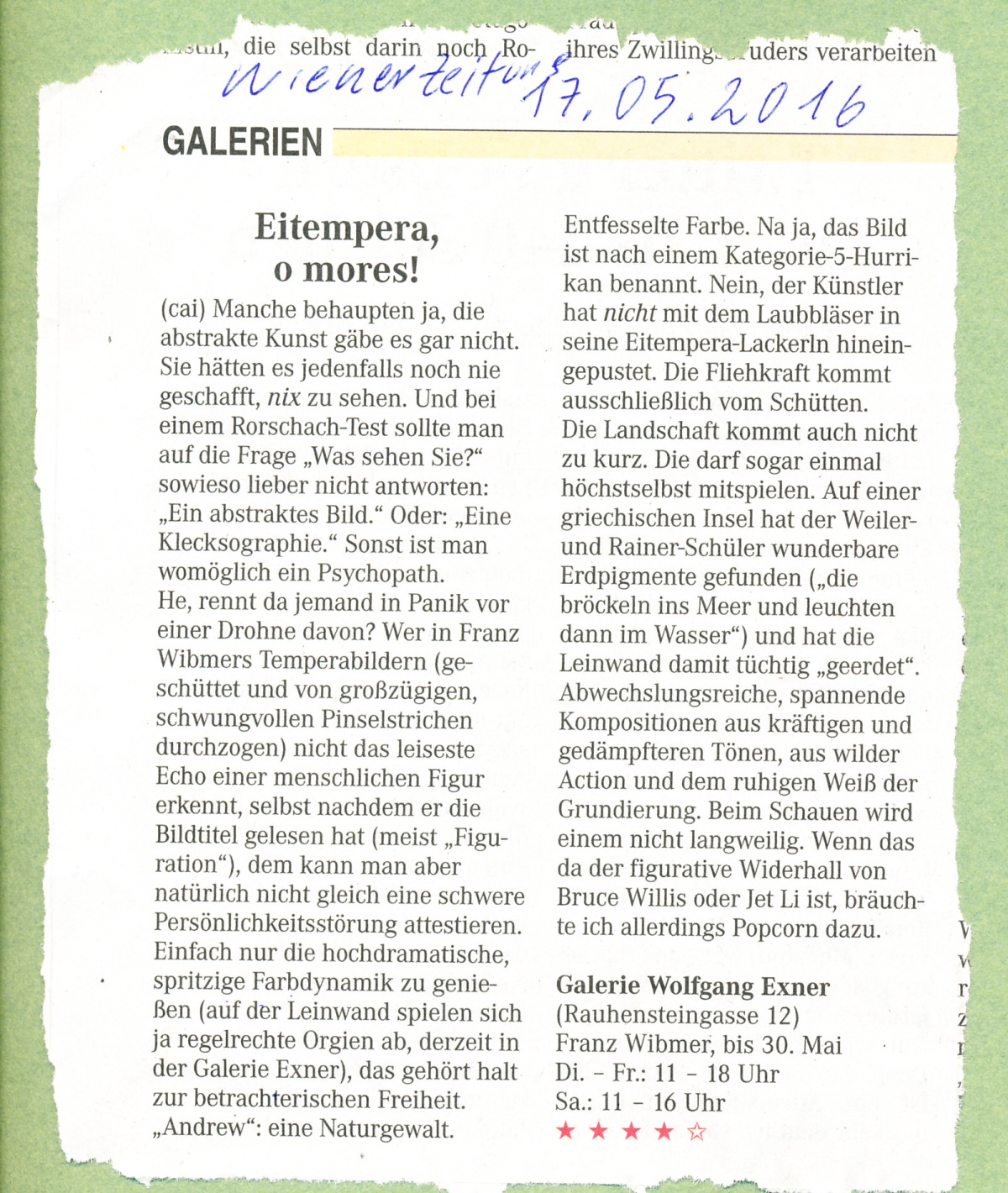 "Eitempera, o mores!", Franz Wibmer, Wiener Zeitung Artikel, 2016